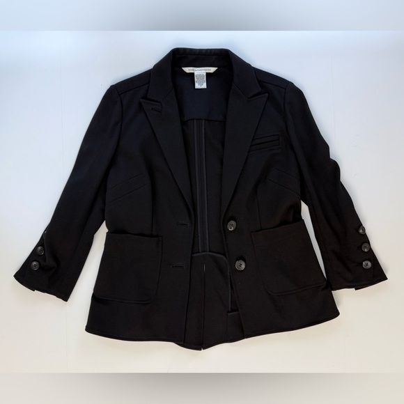 Diane Von Furstenberg Black Stretch Knit Blazer w/ Cropped Sleeves Size 8 - Picture 5 of 9